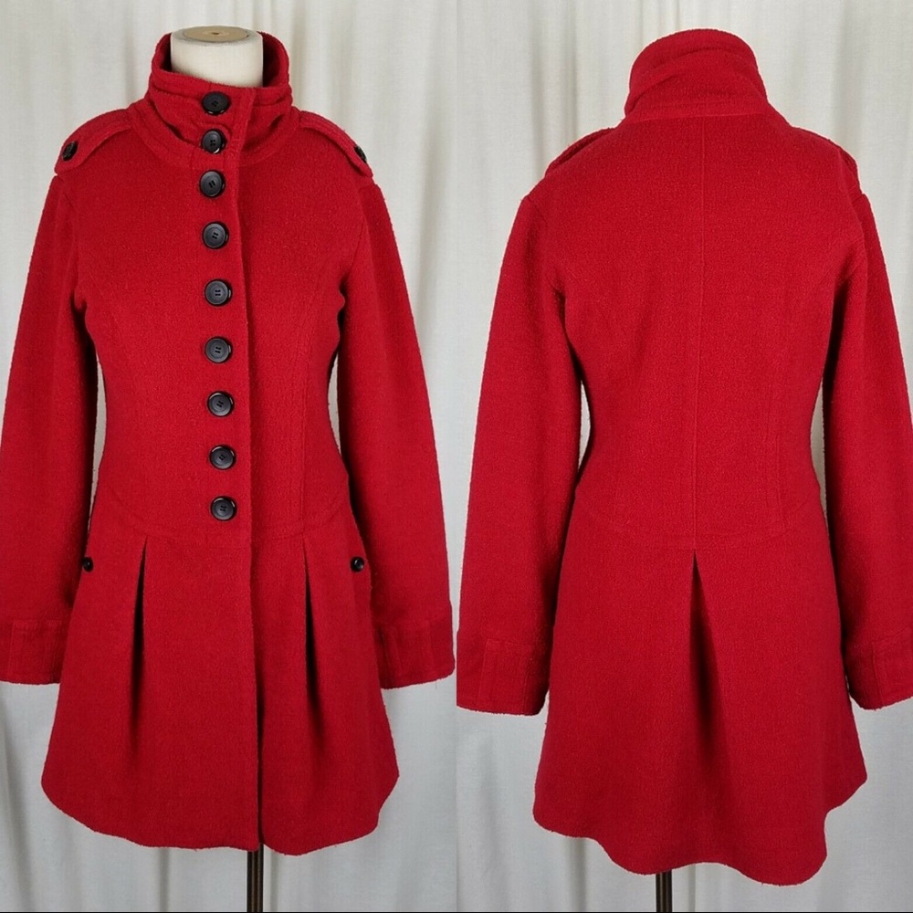 Kensie True Red Military Style Wool Coat Sz Small